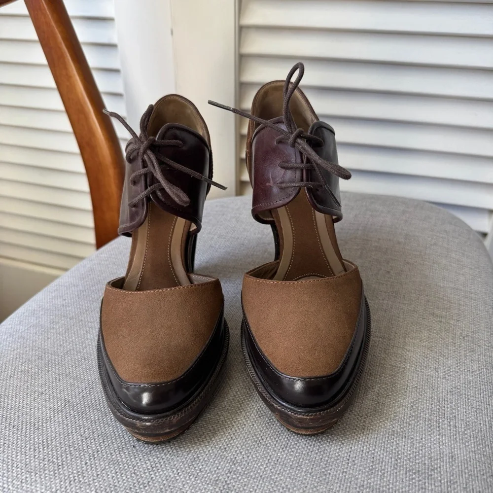 Marni Oxford Lace Up Block Heel Brown Leather 38